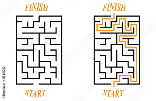 Vector vertical rectangular labyrinth with entry and exit. Difficulty level - easy. Children logic game. Not hard riddle solated on white background for kids and parents with solution