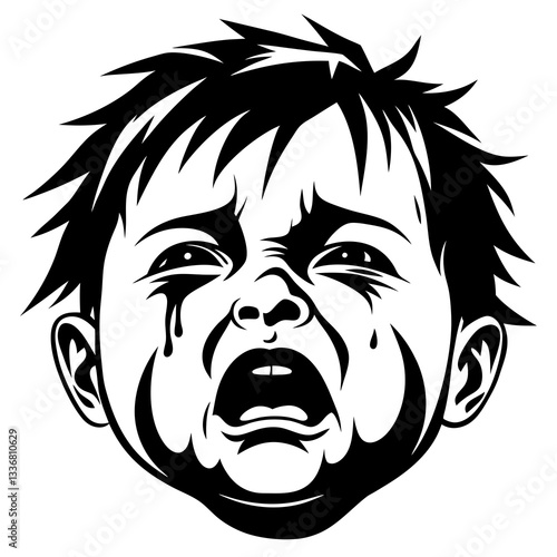 a close-up illustration of a crying baby, tears streaming down its face and open mouth showing