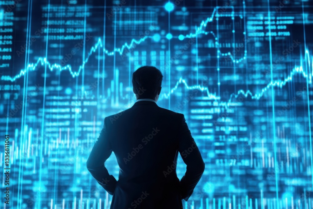 Man silhouette analyzing glowing stock market data on screen with hands on hips in dark suit Man silhouette analyzing glowing stock market data on screen with hands on hips in dark suit
