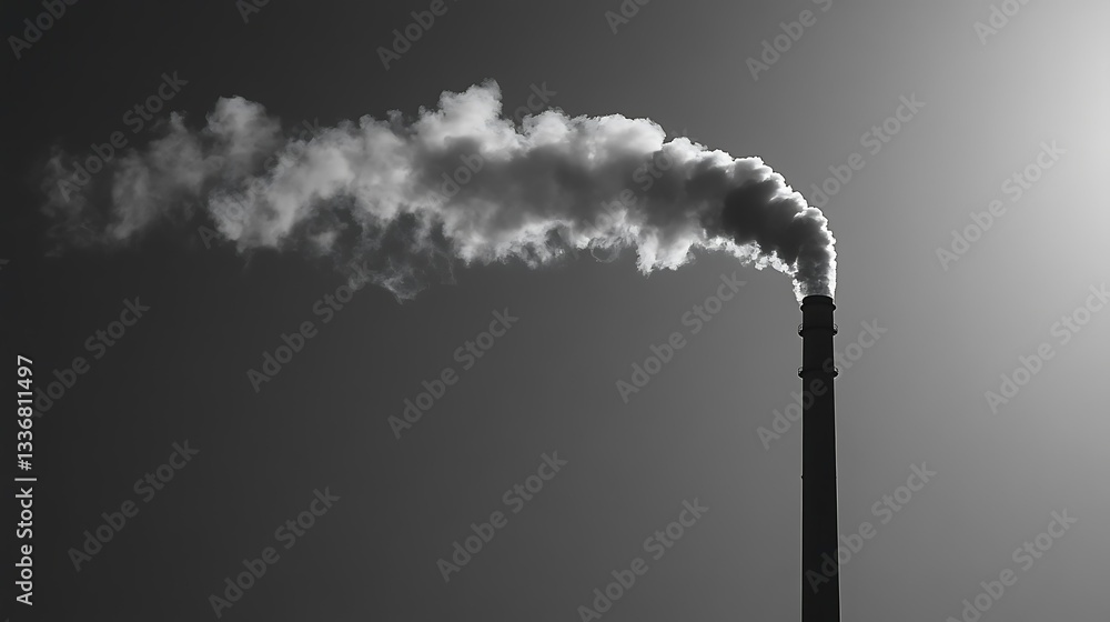 Smoke plume from industrial chimney, dark sky
