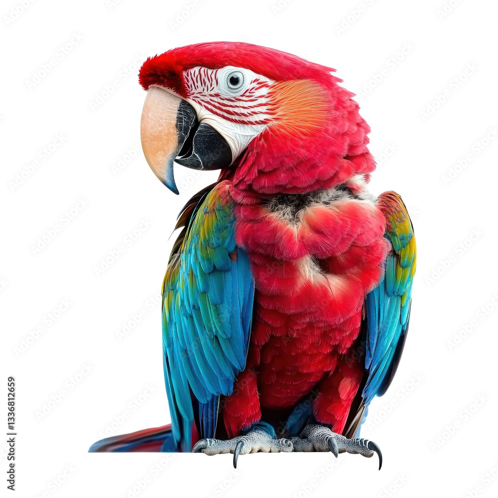 Fototapeta premium Vibrant Macaw: Nature's Colorful Aviator on a white background.