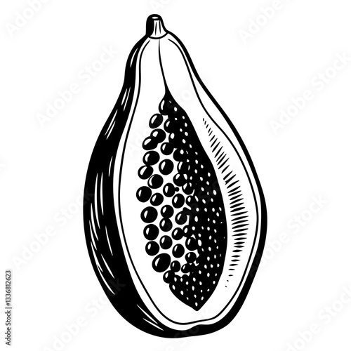 a halved papaya, showcasing its seeds and internal structure, presented in a clean illustration style. The image has a stark contrast between black and a background