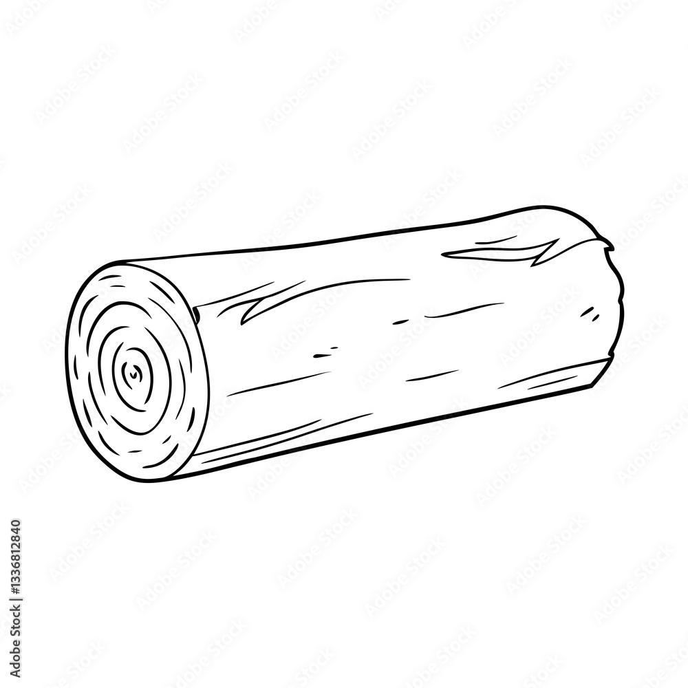 a single tree log laying on the floor, showing its cross-section and bark texture. The log is presented as a simple line drawing illustration. a single tree log laying on the floor, showing its cross-section and bark texture. The log is presented as a simple line drawing illustration.