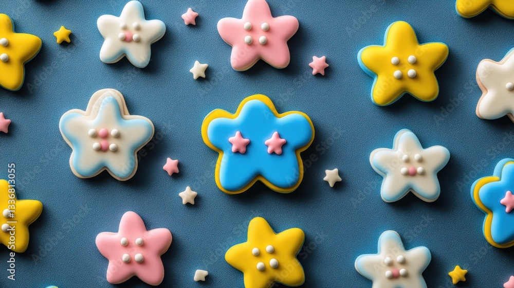 Colorful Star-Shaped Sugar Cookies on Blue Sparkle Background Colorful Star-Shaped Sugar Cookies on Blue Sparkle Background