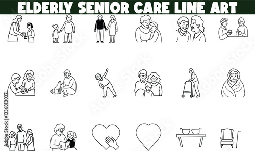 Elderly Senior Care Line Art Icons of Family, Support, and Love