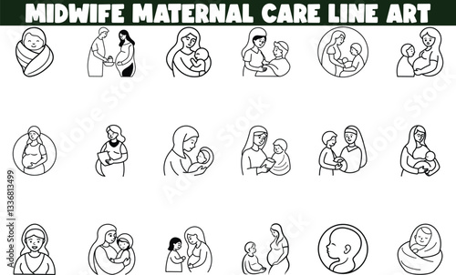 Midwife Maternal Care Line Art Pregnancy, Birth, Newborn Icons