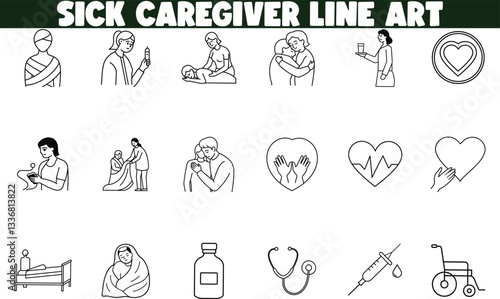Sick Caregiver Line Art Medical, Health, Support, Illness, Icons