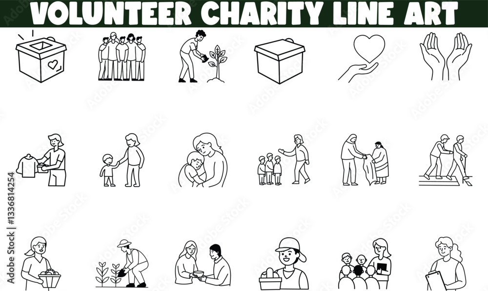 Fototapeta premium Volunteer Charity Line Art Icons Donation, Helping Hands, Giving