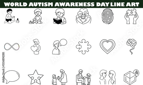 World Autism Awareness Day Line Art Icons, Symbols, and Families