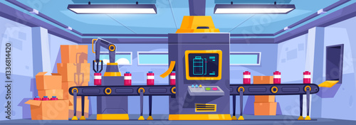 Professional laboratory or factory interior design with a robotic machine. Modern factory vector illustration. Industrial factory production line with AI robotic automation and packaging machinery