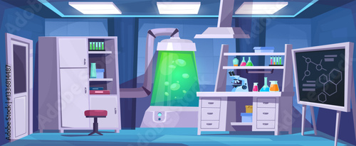 Professional laboratory interior featuring a modern chemical workspace with colorful liquids and scientific equipment. Cartoon style vector illustration.