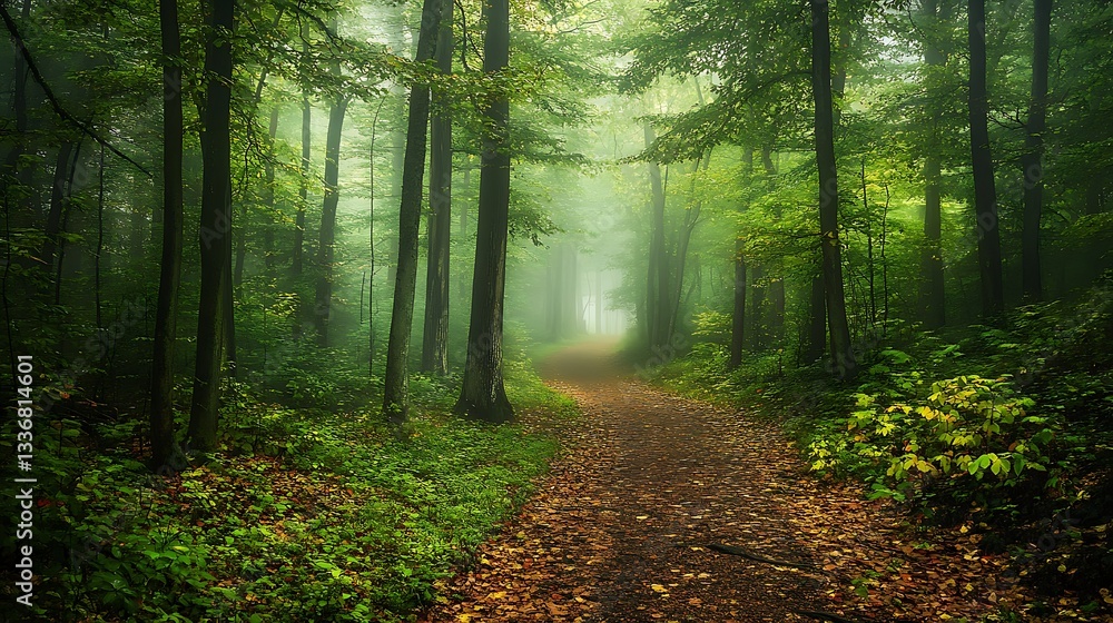 Obraz premium A misty woodland path winding through a dense forest, with the trees shrouded in fog and the ground covered in leaves