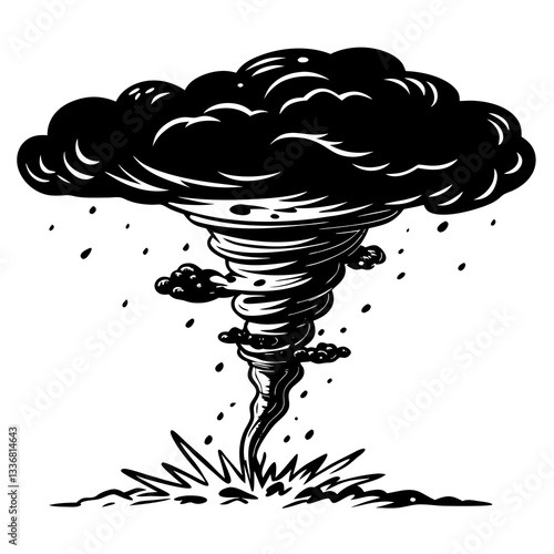 a dramatic illustration of a tornado, with dark swirling clouds, and a destructive path