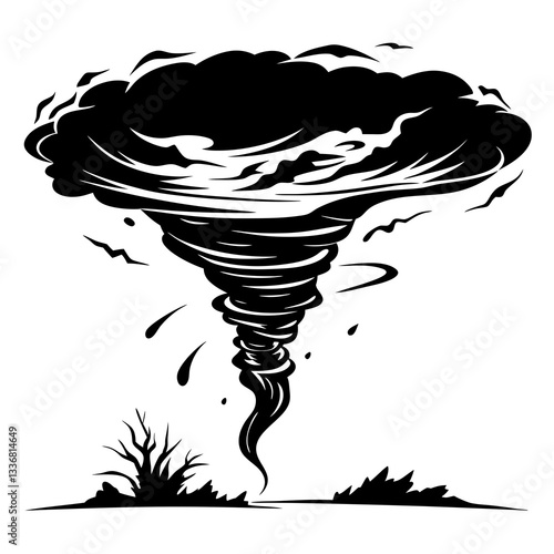 a powerful illustration of a destructive tornado forming above a field. The tornado appears menacing, with dark swirling clouds and a defined funnel shape