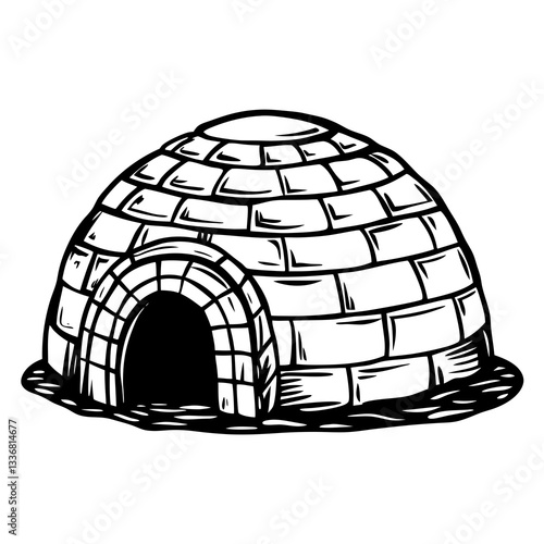 a detailed illustration of an igloo, a traditional shelter made of snow blocks. The igloo has a rounded shape with an arched entrance vector illustration