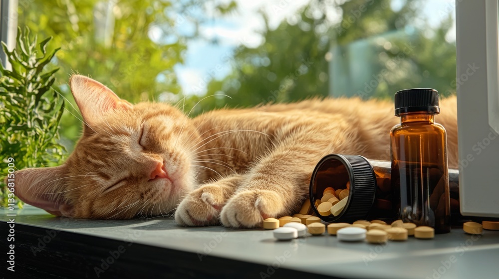 A sleeping orange cat rests beside spilled medication on a windowsill