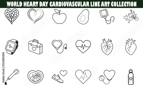 World Heart Day Cardiovascular Line Art Collection for Health