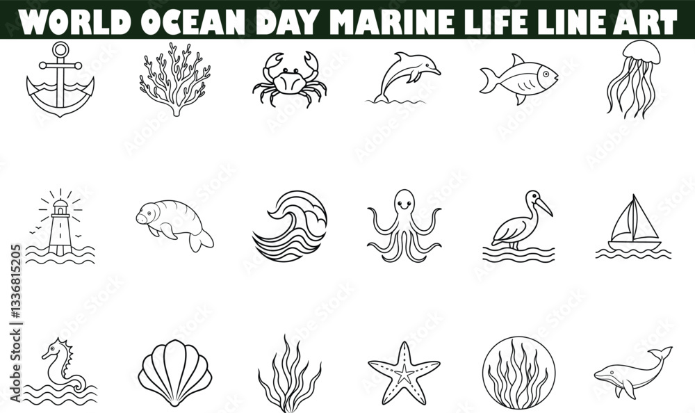 Fototapeta premium World Ocean Day Marine Life Line Art Icons Collection
