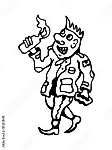 Vector black and white image of a freedom-loving revolutionary with incendiary and brass knuckles in his hand on a white isolated background