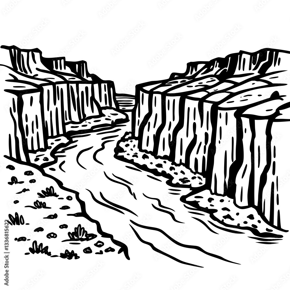 a river flowing through a canyon, with striking rock formations on either side, in black and white a river flowing through a canyon, with striking rock formations on either side, in black and white
