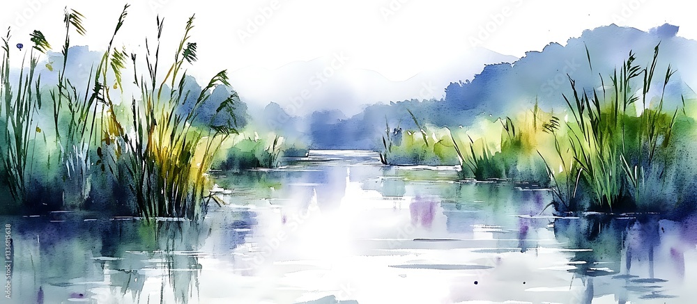 Serene river scene, tranquil landscape
