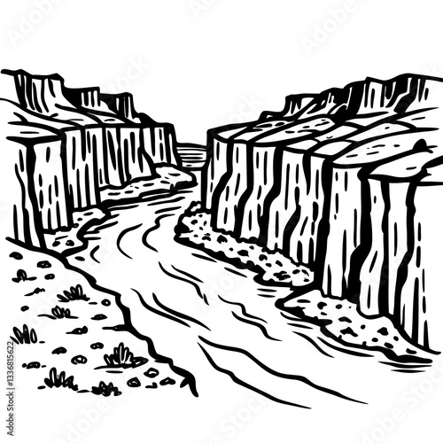 a river flowing through a canyon, with striking rock formations on either side, in black and white