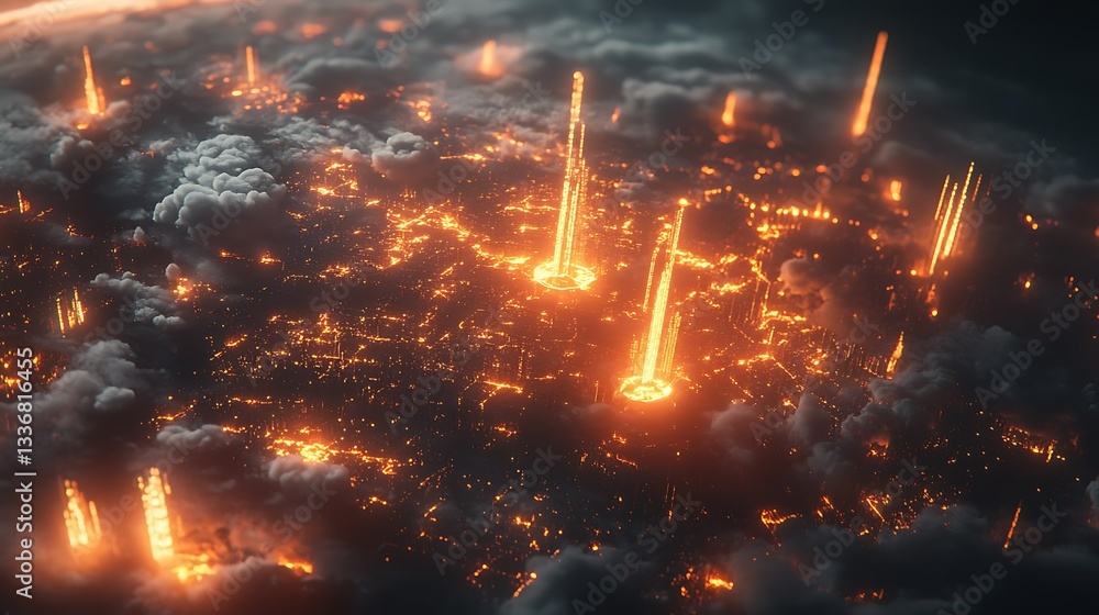 Burning city, aerial view, dark clouds