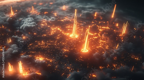 Burning city, aerial view, dark clouds