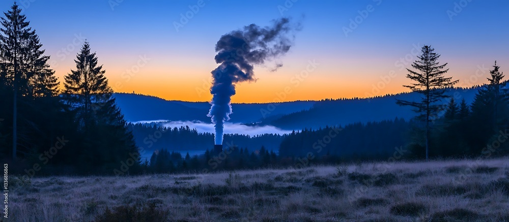 Sunrise over foggy valley, smoke plume