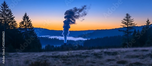 Obraz na płótnie Sunrise over foggy valley, smoke plume w salonie