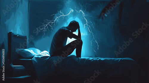 a mental health theme desperate man in silhouette sitting on the bed with hands on head