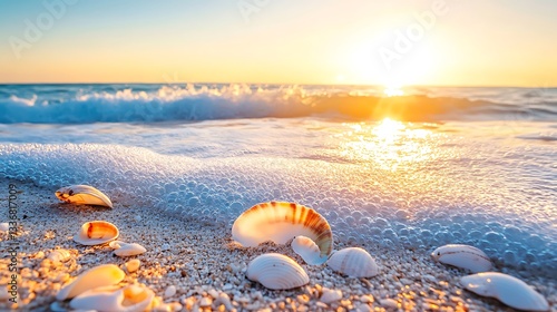Serene shoreline bathed in morning light, where gentle waves kiss the sand dotted with seashells.
