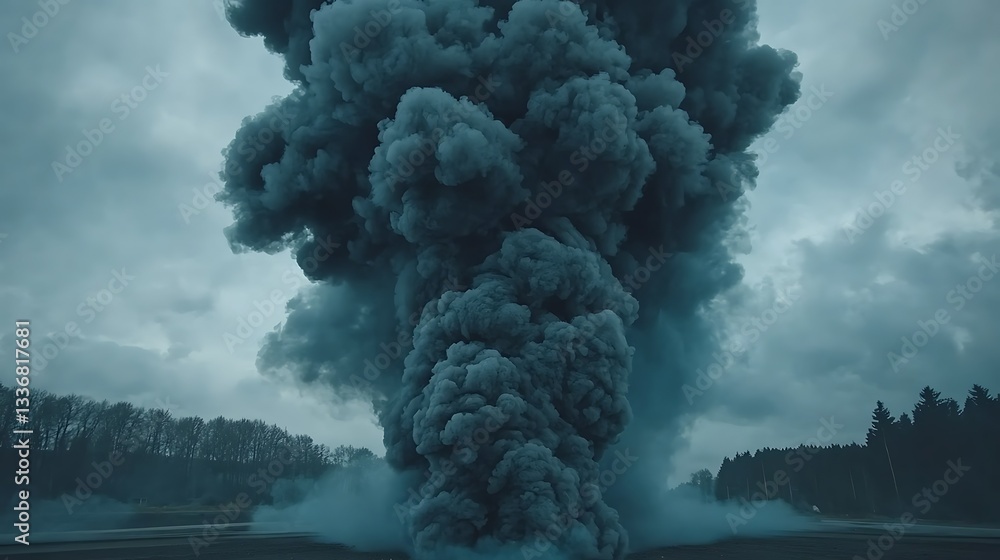 Dark smoke plume, outdoor, cloudy sky