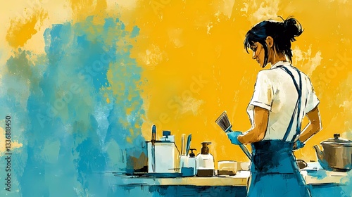 Friendly cleaning woman with gloves and sponge, showcasing professional cleaning, home organization, and service quality, perfect for home maintenance ads, soft illustration style