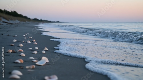 A peaceful beach at dawn with gentle waves, seashells scattered on the sand, and the first light of the day 