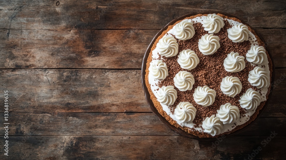 Chocolate whipped cream cake on rustic wood Chocolate whipped cream cake on rustic wood