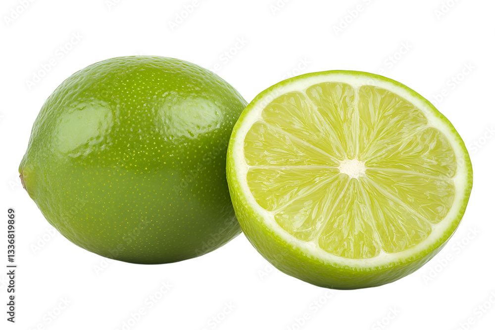 Fresh Green Lime with Juicy Sliced Half. Citrus Fruit Isolated on Transparent Background. Fresh Green Lime with Juicy Sliced Half. Citrus Fruit Isolated on Transparent Background.