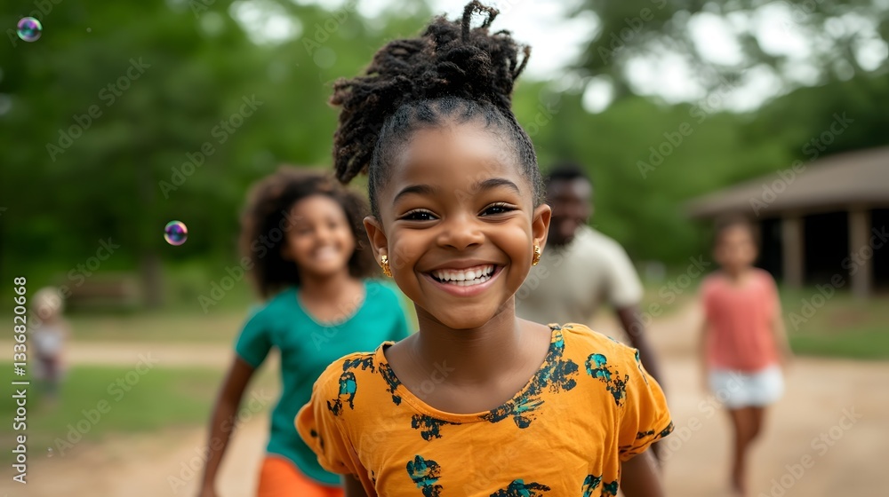 Children Chasing Bubbles in a Lush Outdoor Picnic Area, Joyful Smiles Shared with Loving Parents Children Chasing Bubbles in a Lush Outdoor Picnic Area, Joyful Smiles Shared with Loving Parents