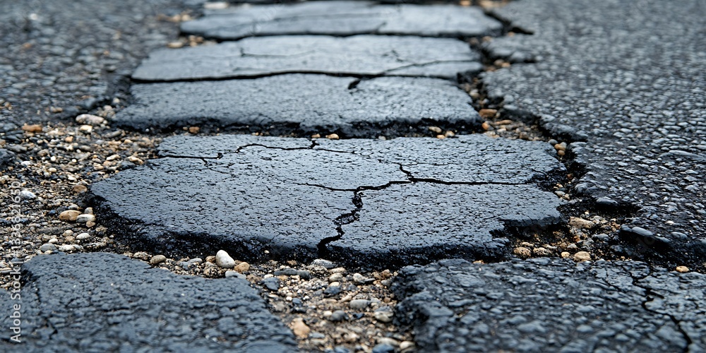 Cracked asphalt road surface detail