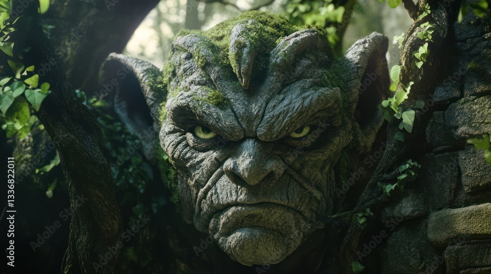 Detailed close-up of a moss-covered stone creature with an intense expression, surrounded by lush greenery Detailed close-up of a moss-covered stone creature with an intense expression, surrounded by lush greenery