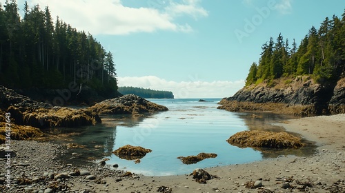 A peaceful beach with a rocky shoreline, tide pools filled with marine life, and the sound of crashing waves