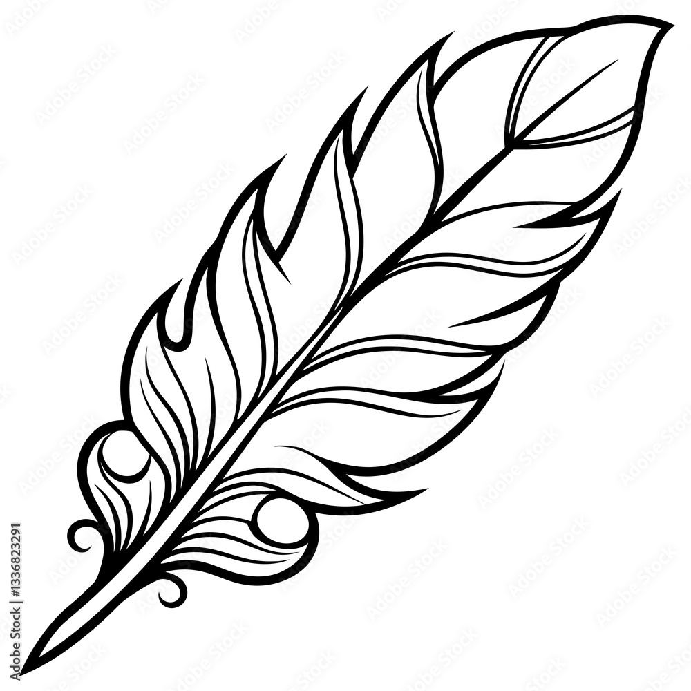 Obraz premium Refined Feather Illustration With Complex Pattern Work In Minimalist Black Line Style