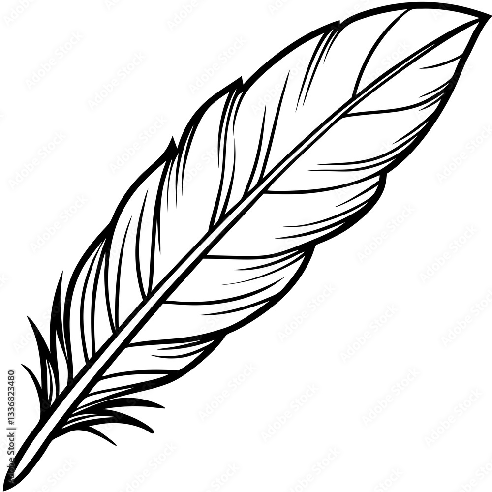 Fototapeta premium Detailed Contour Hawk Feather Sketch in Black Representing Wildlife Freedom with Copy Space