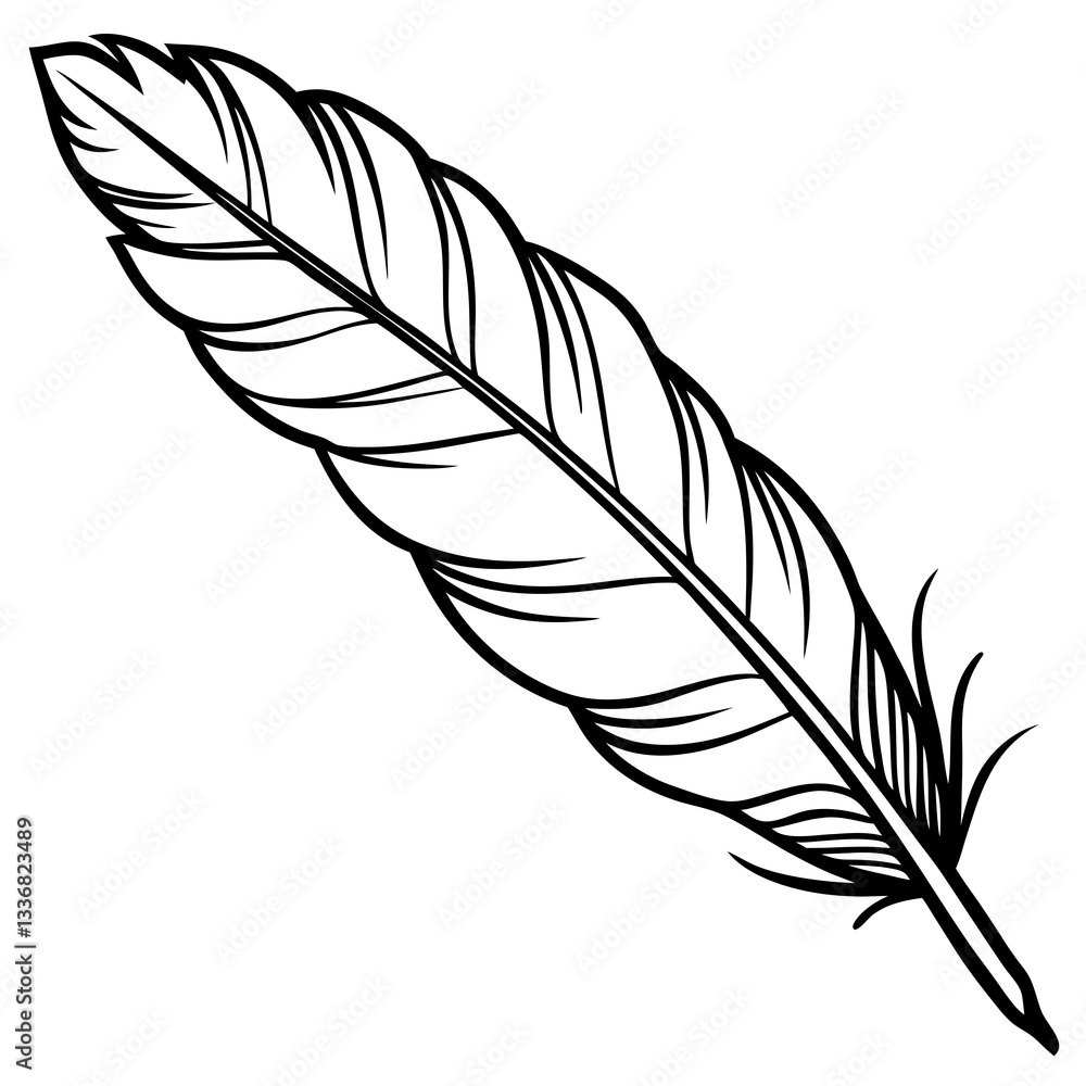 Obraz premium Elegant Contour Hawk Feather Illustration in Monochrome Representing Wild Beauty with Copy Space