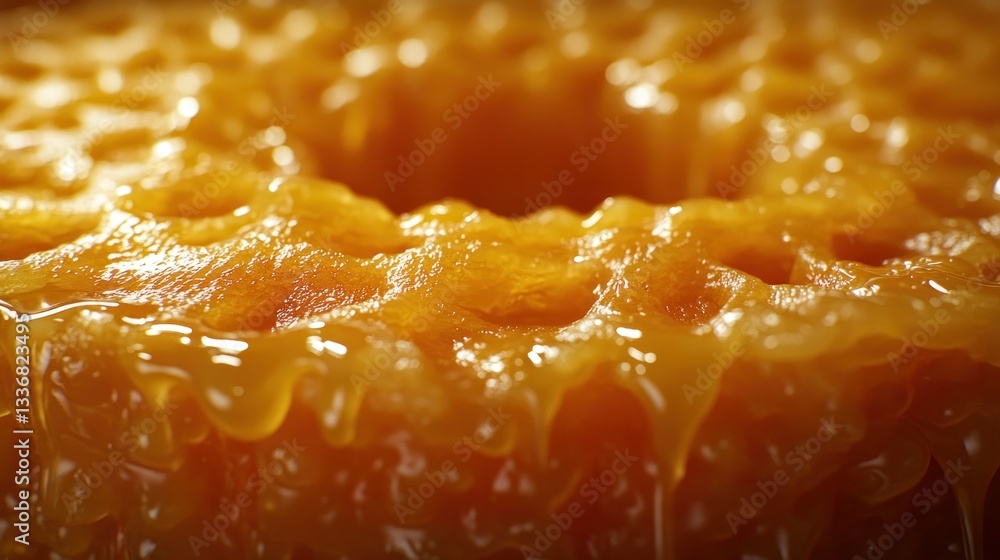 Close-up of a dripping, honey-glazed cake. Honey-drizzled, golden-orange, textured surface Close-up of a dripping, honey-glazed cake. Honey-drizzled, golden-orange, textured surface