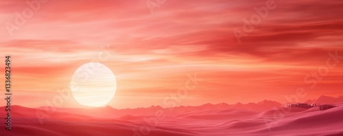 A breathtaking sunset fills the sky with vibrant shades of pink and orange, casting a warm glow over distant hills.