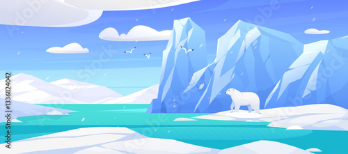 Arctic landscape with polar bear, icebergs, snow, water, and birds in vector cartoon style illustration on bright sunny day. Frozen polar scenery  in chilly northern waters with drifting ice fragments