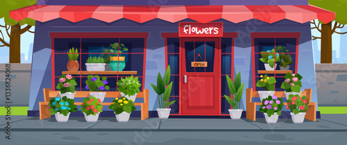 Cartoon style vector illustration of a flower shop front. Vector storefront facade illustration with flowers in pots and open sign at day time. Flat style flower boutique or store concept for banner.