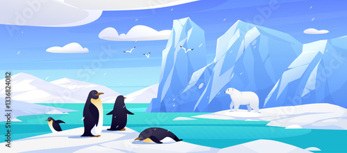 Cartoon frozen polar scenery with massive ice formations with penguins, polar bear, icebergs and snow. Vector illustration for global warming concept. Melting glaciers against Antarctic rocks. 