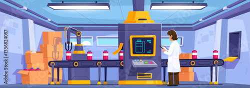 Professional laboratory setting with a scientist operating a robotic machine. Modern factory vector illustration. Industrial factory production line with AI robotic automation and packaging machinery